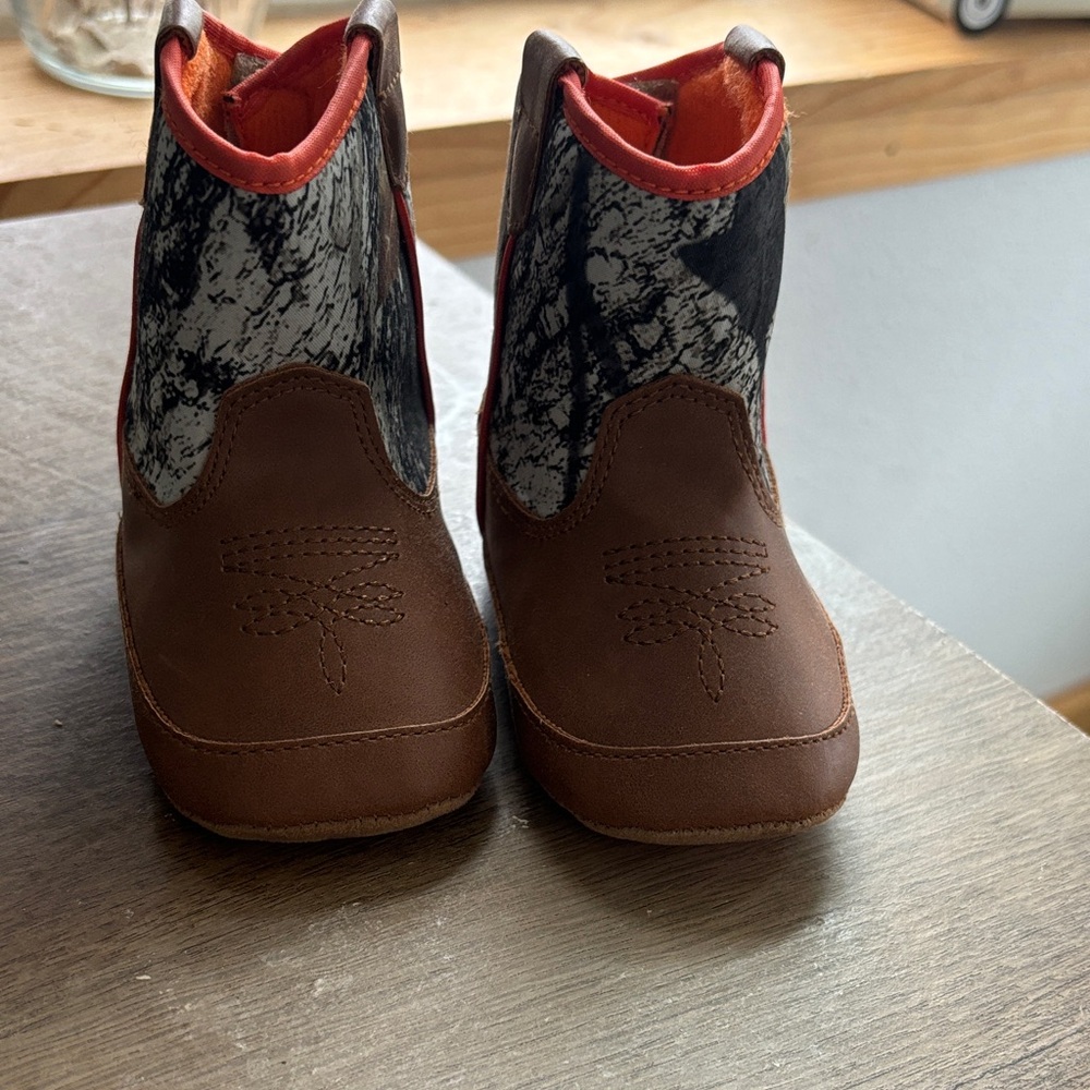 Twister Brown and Black Patterned Kids Boots with Orange Trim